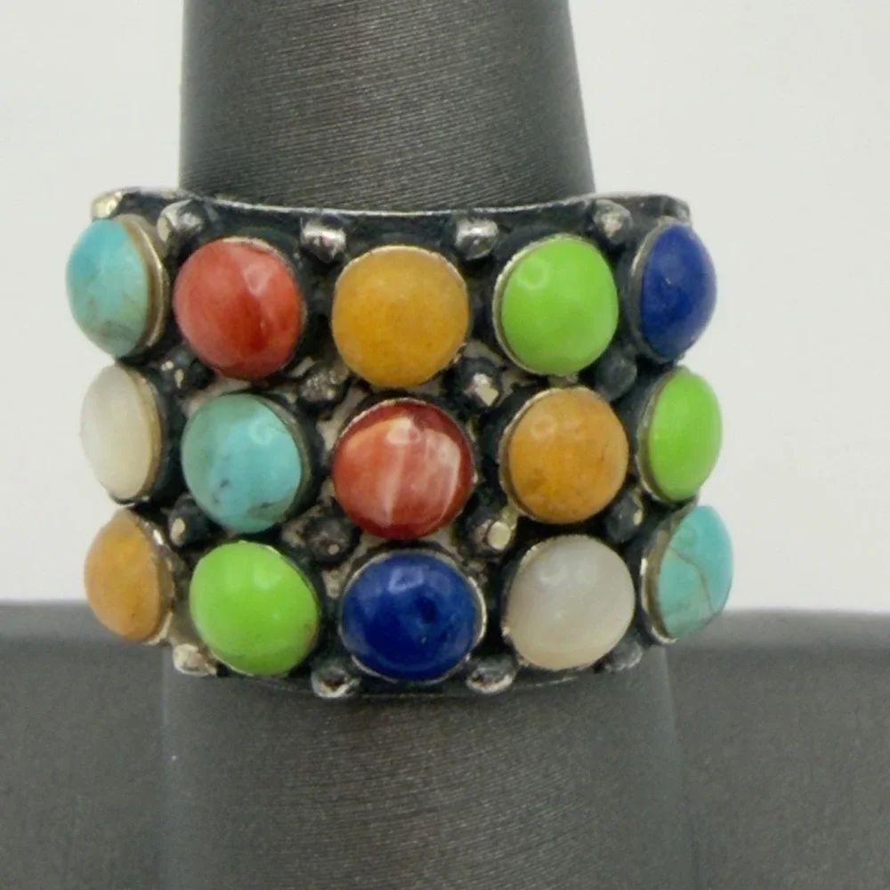 Vtg Southwestern Style Sterling Silver Multi Gemstone Thick Band Ring Size 7